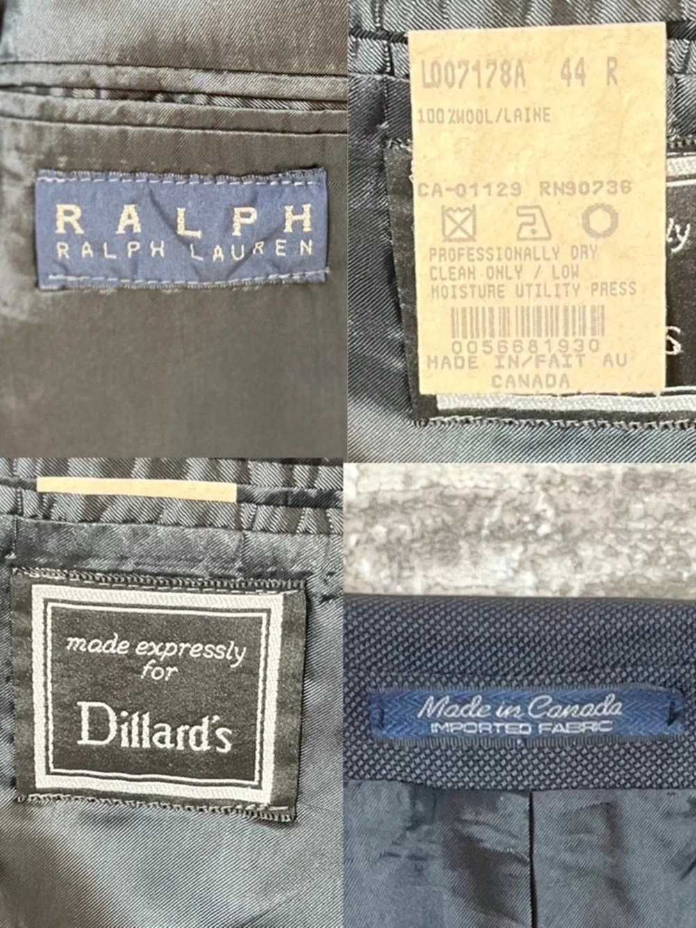 Ralph Lauren 100% Wool Navy Suit 44R Made in Canada 38x29